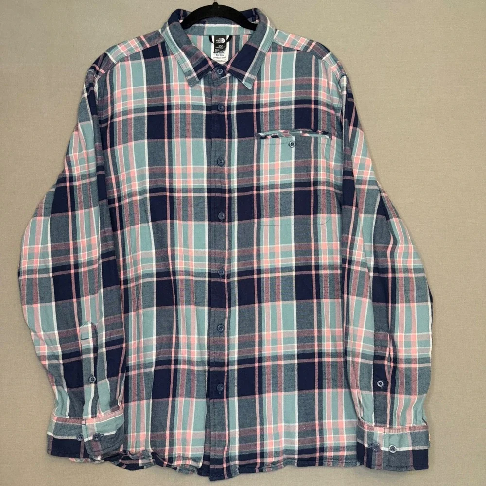 The North Face Mens XXL Plaid Flannel Shirt Navy Teal Pink